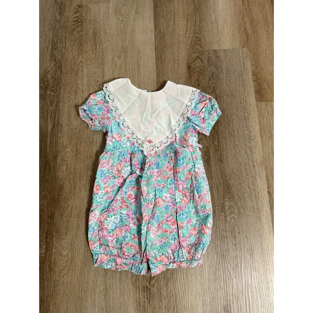 Vintage Sweet Colors Girls Toddler Romper Size 4T Floral White Collar 80s 90s